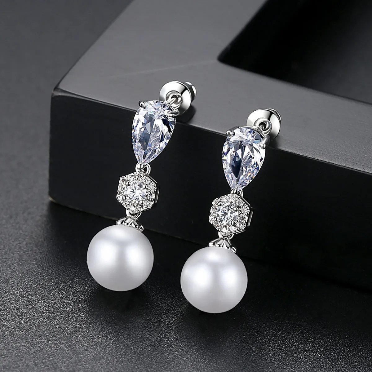 Crystal & Pearl Silver-Plated Cubic Zirconia-Accent Drop Earrings