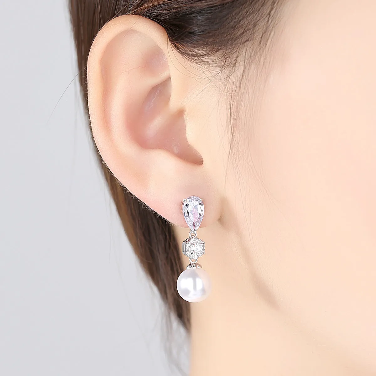 Crystal & Pearl Silver-Plated Cubic Zirconia-Accent Drop Earrings