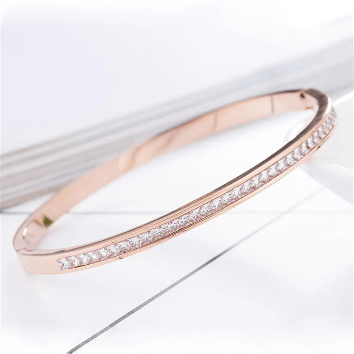 Cubic Zirconia & 18K Rose Gold-Plated Bezel-Set Bangle