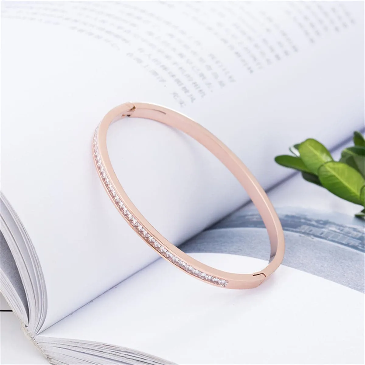 Cubic Zirconia & 18K Rose Gold-Plated Bezel-Set Bangle