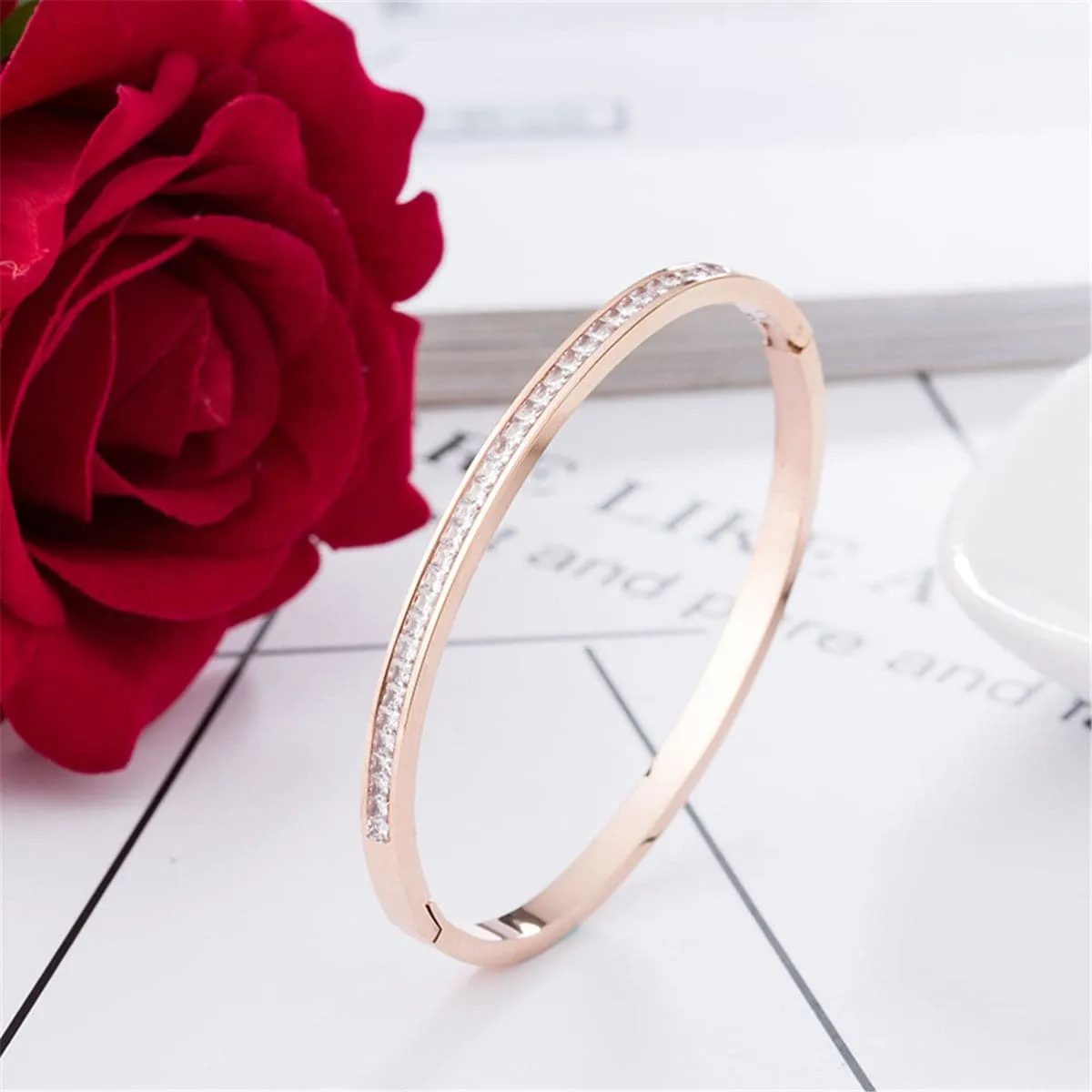Cubic Zirconia & 18K Rose Gold-Plated Bezel-Set Bangle