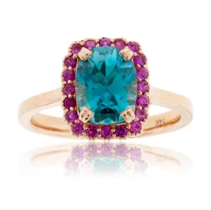 Cushion Blue Zircon & Pink Sapphire Halo Ring