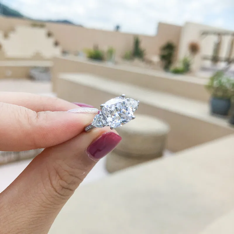 Cushion Cut Created White Diamond Three Stone Ring