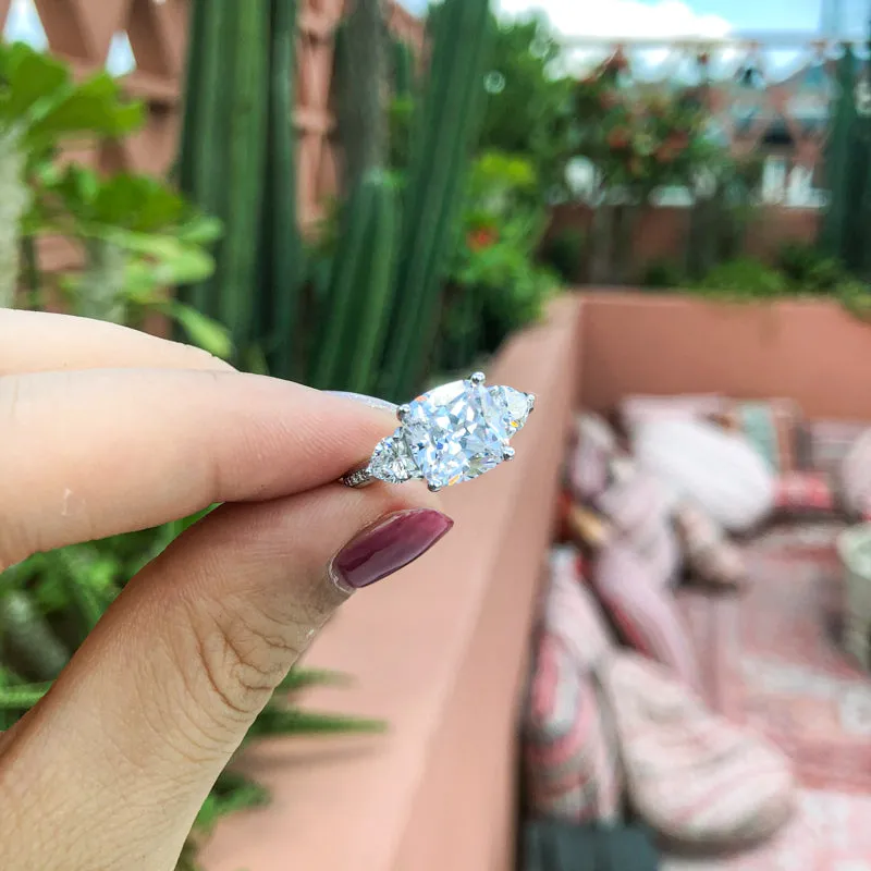 Cushion Cut Created White Diamond Three Stone Ring