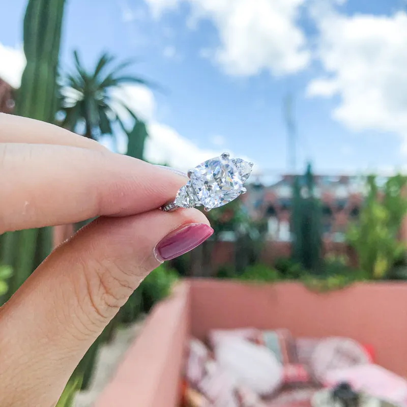 Cushion Cut Created White Diamond Three Stone Ring