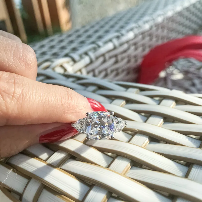 Cushion Cut Created White Diamond Three Stone Ring