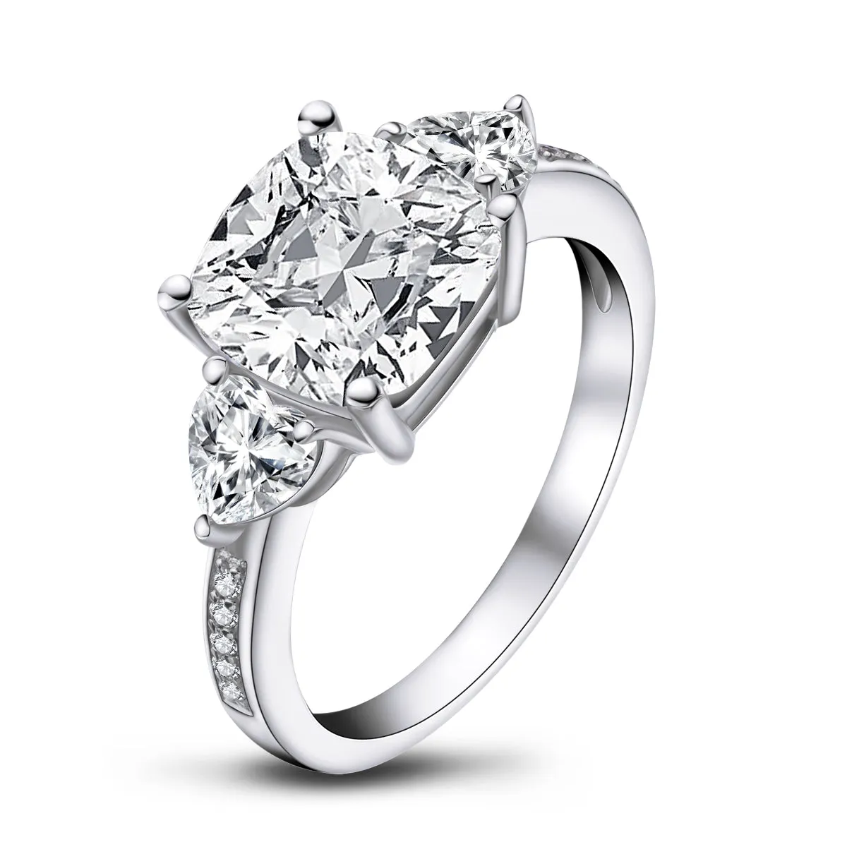 Cushion Cut Created White Diamond Three Stone Ring