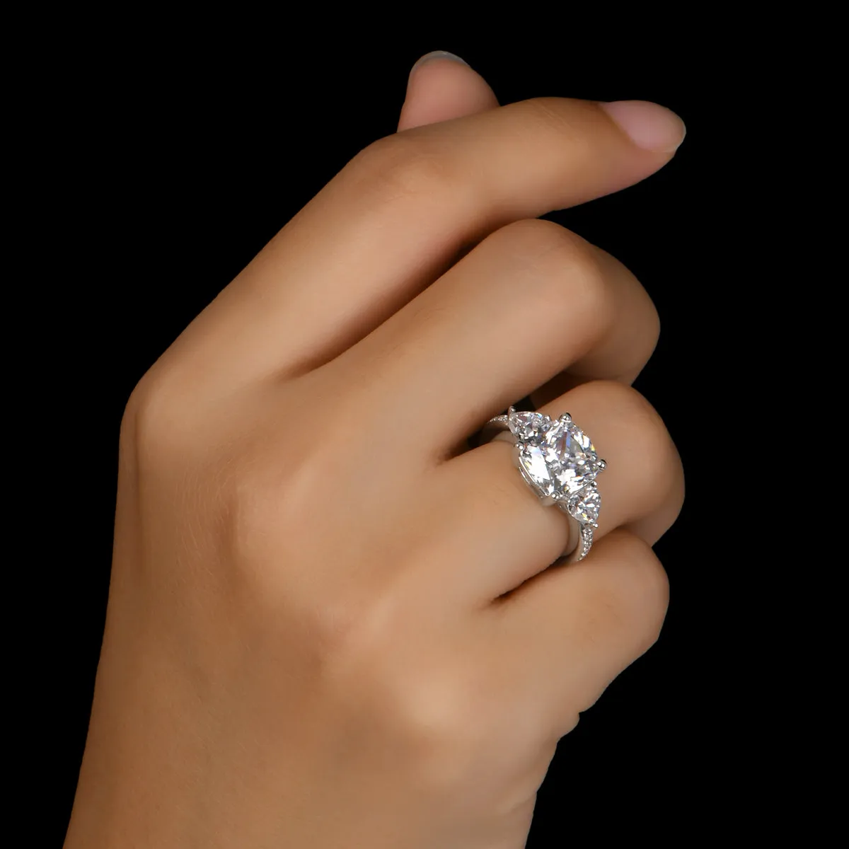 Cushion Cut Created White Diamond Three Stone Ring