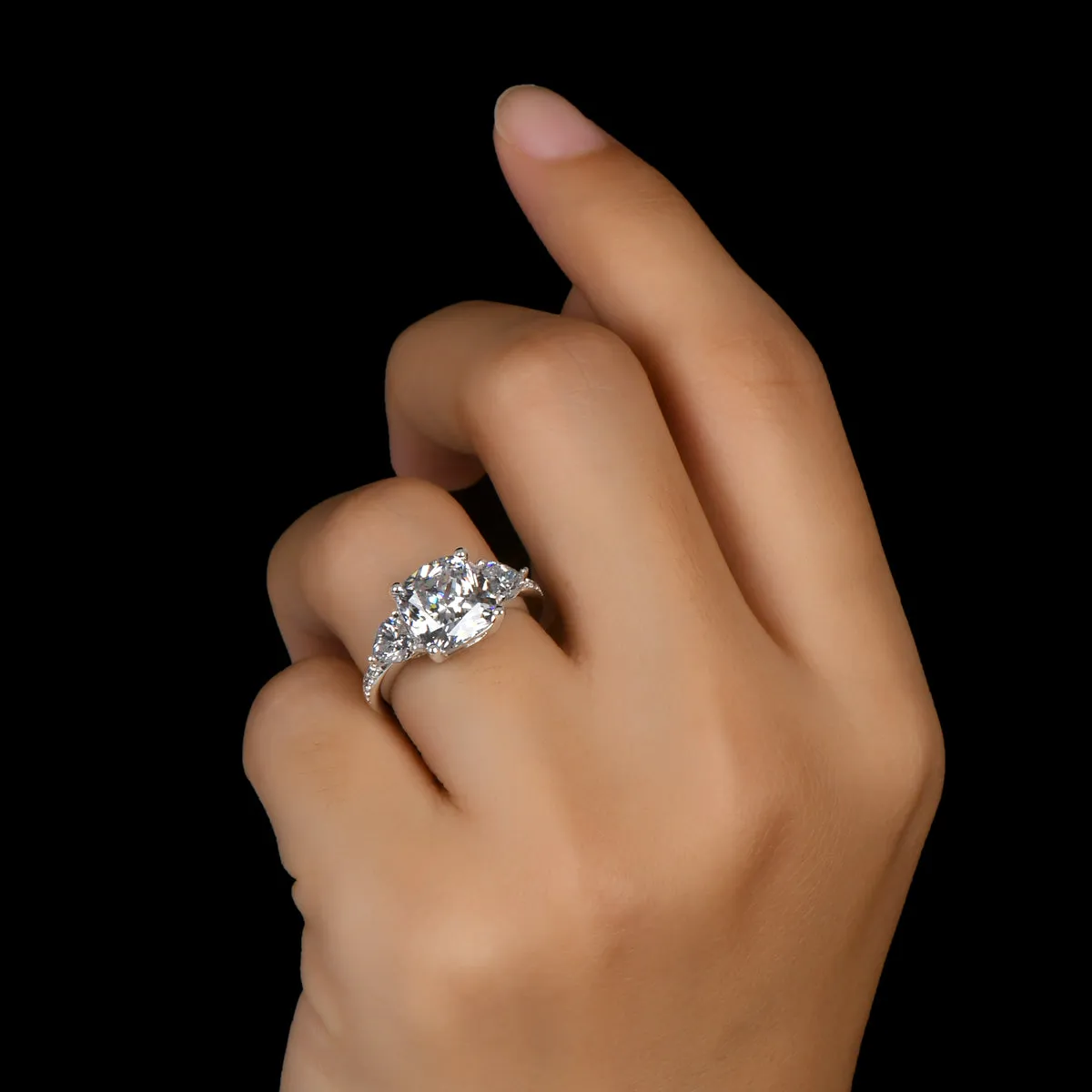 Cushion Cut Created White Diamond Three Stone Ring