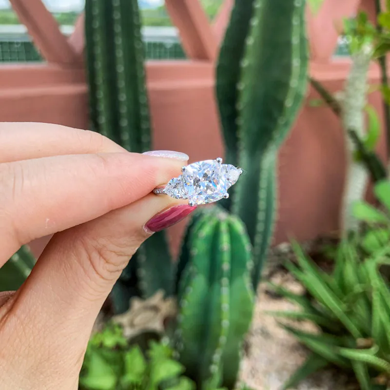 Cushion Cut Created White Diamond Three Stone Ring