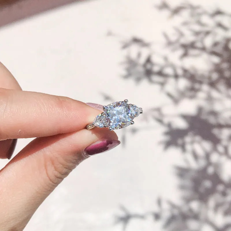 Cushion Cut Created White Diamond Three Stone Ring