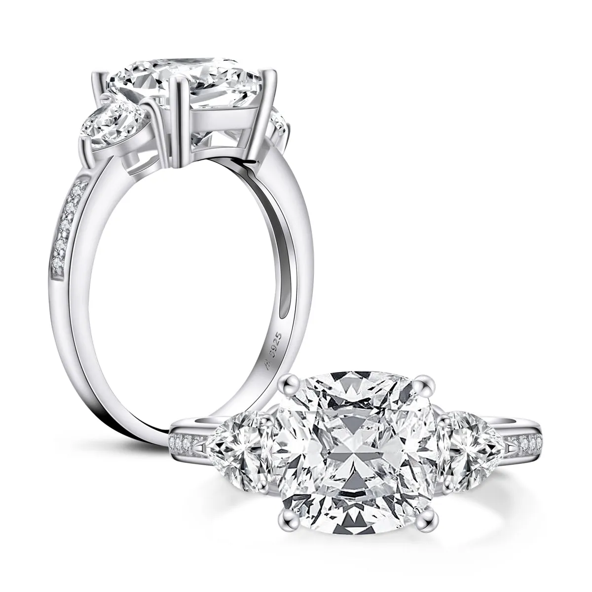 Cushion Cut Created White Diamond Three Stone Ring