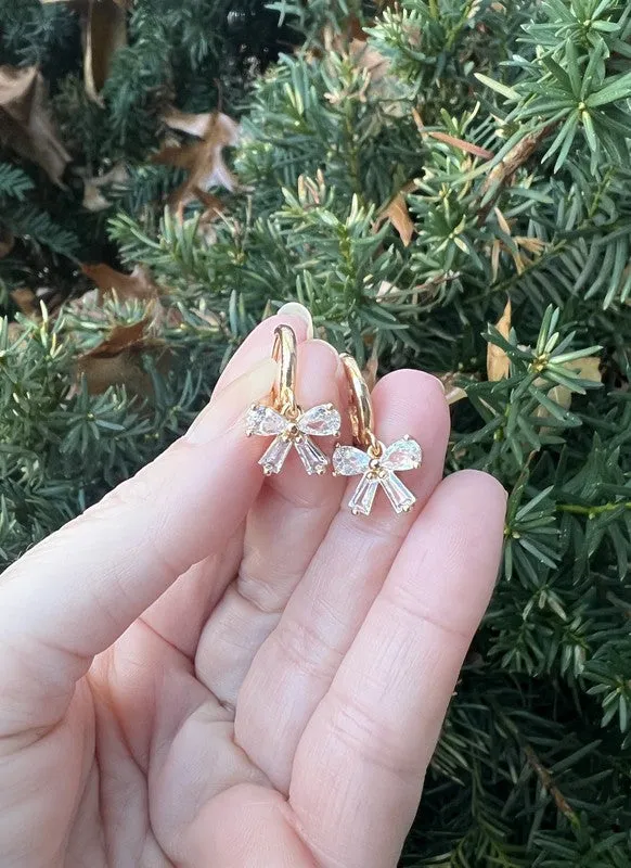 CZ Bow Gold Huggie Hoop Earrings in Gold