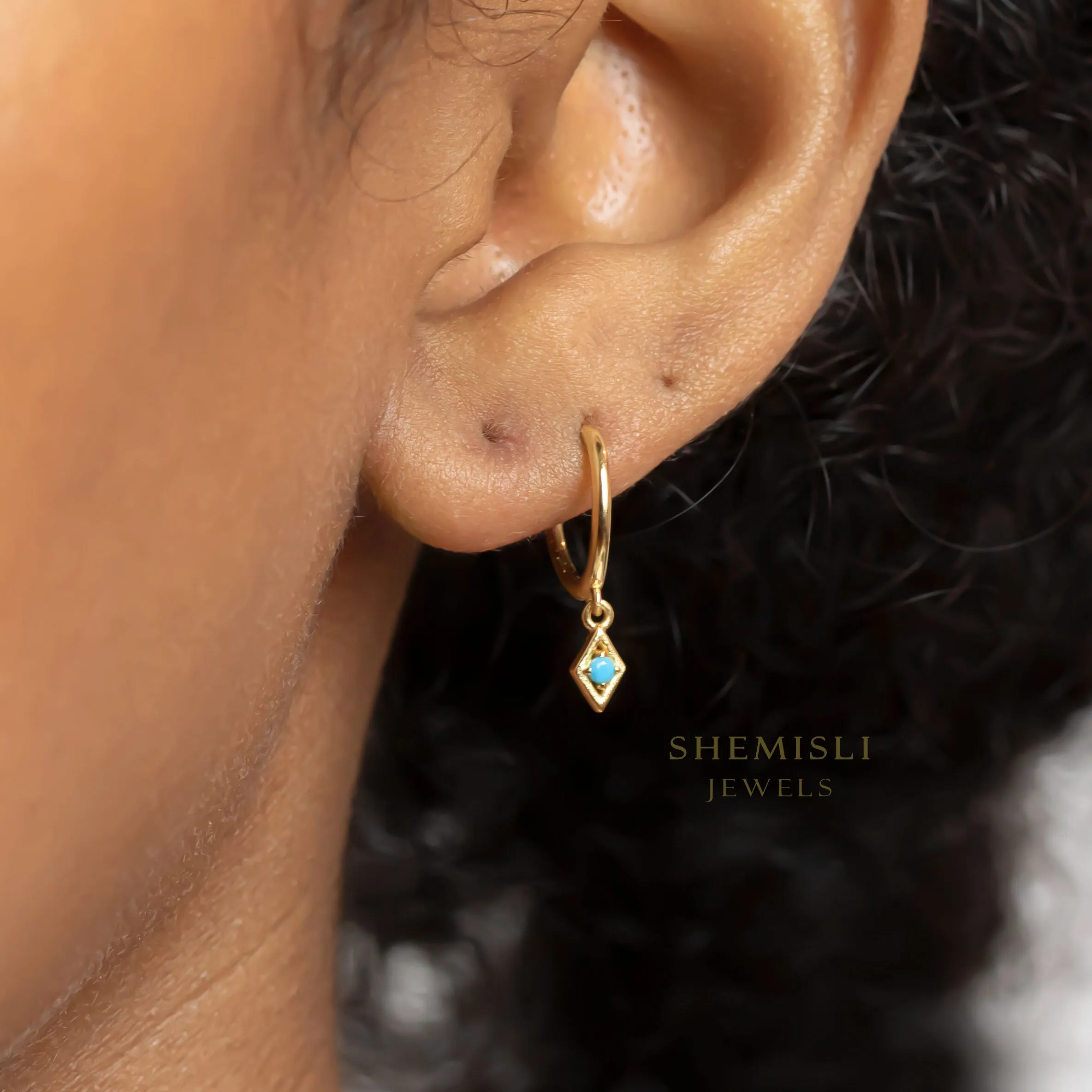 CZ Drop Dangle Hoop Earring, Turquoise, Unisex, Gold, Silver SHEMISLI SH070