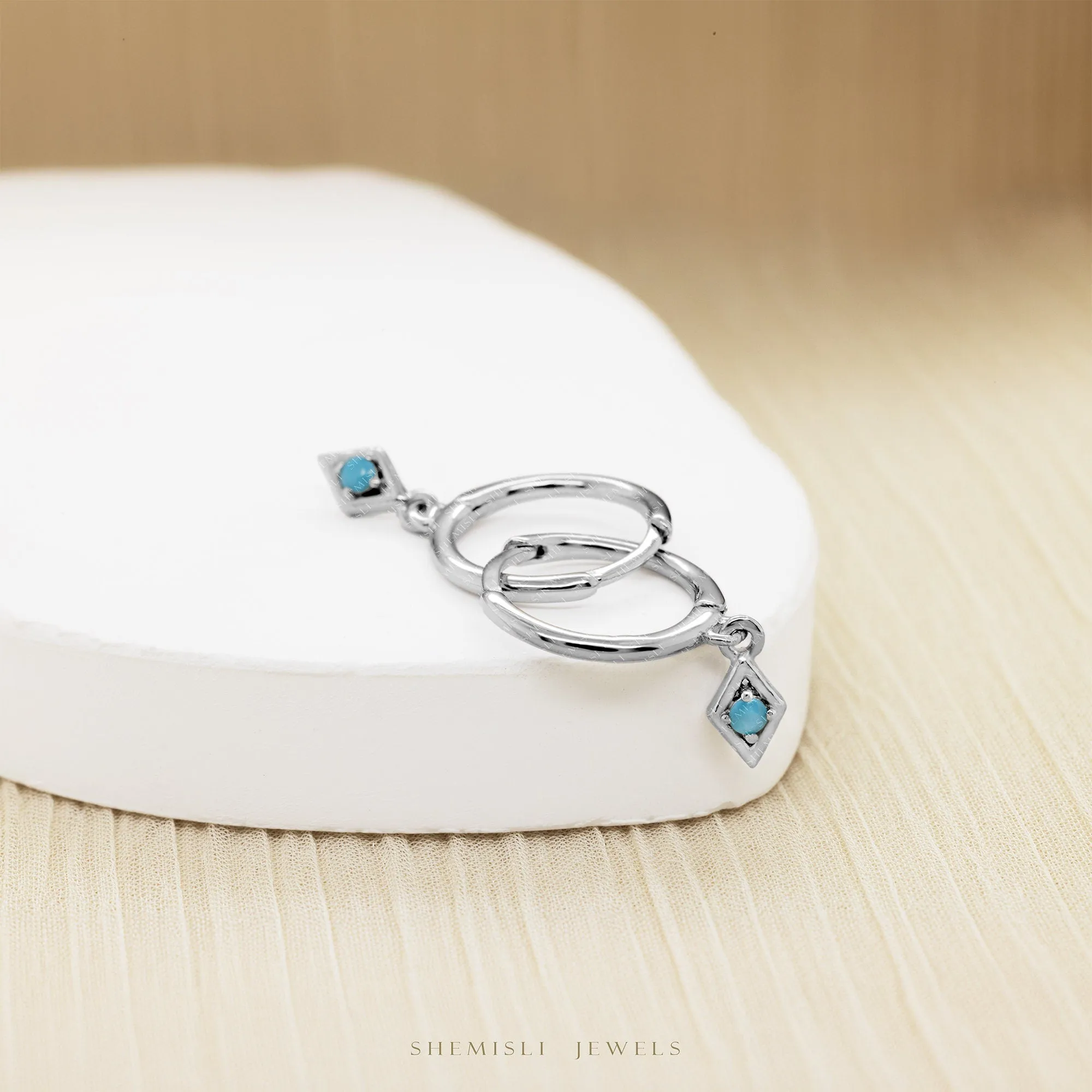 CZ Drop Dangle Hoop Earring, Turquoise, Unisex, Gold, Silver SHEMISLI SH070