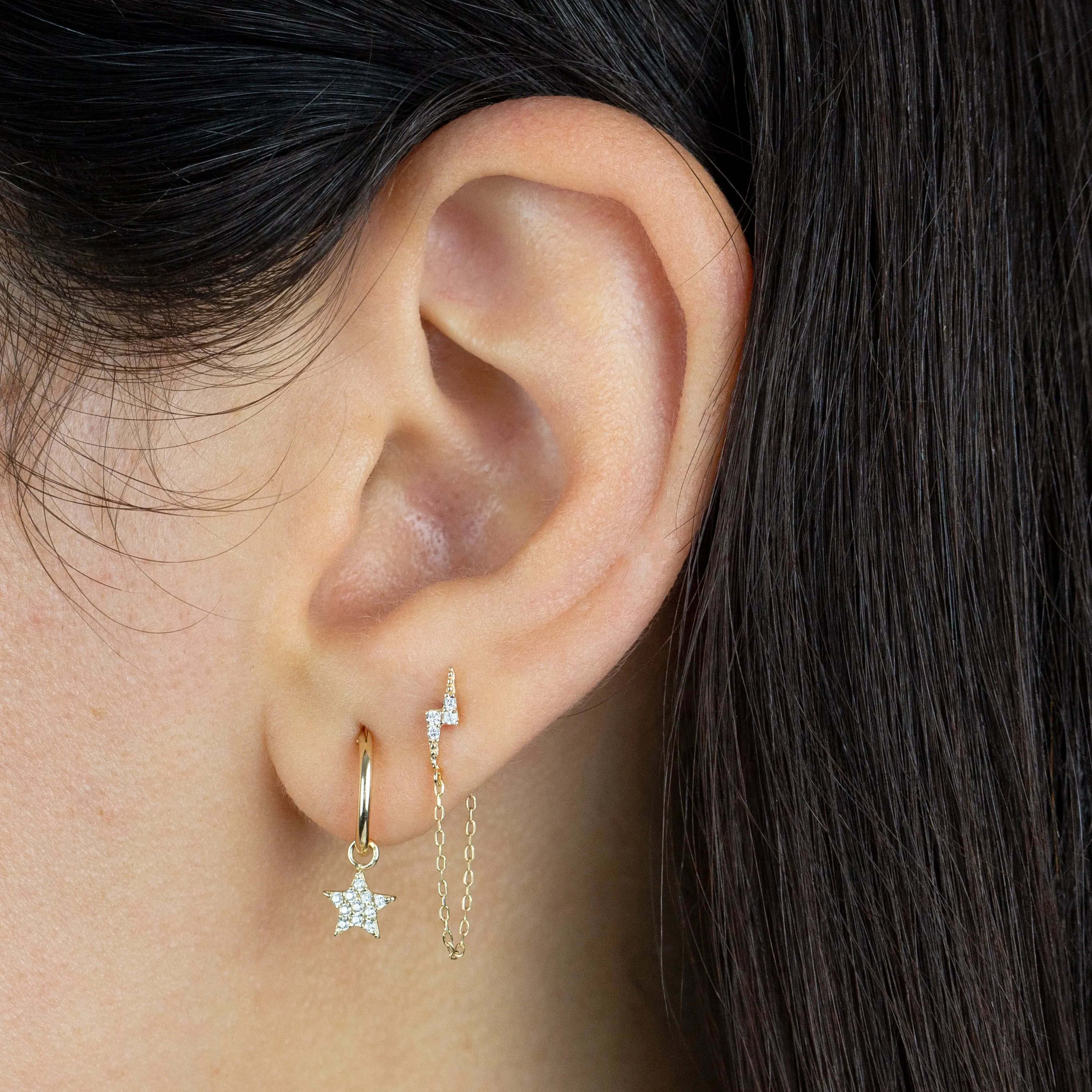 CZ Lightning Bolt Chain Stud Earring 14K