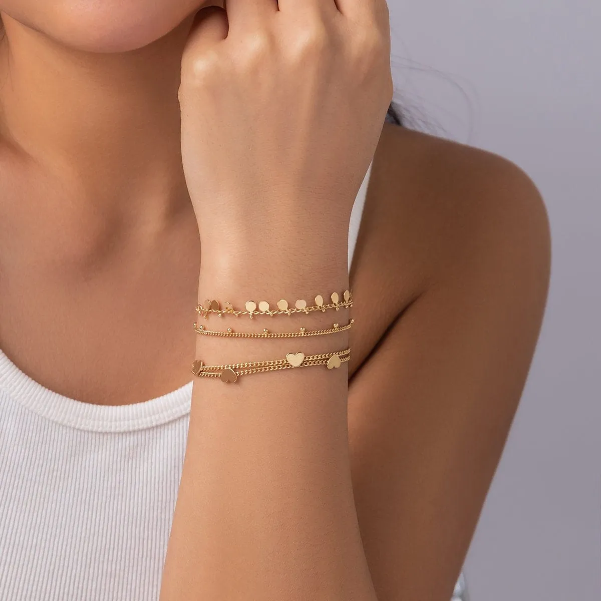 Dainty Sequin Heart Charm Stackable Bracelet Set