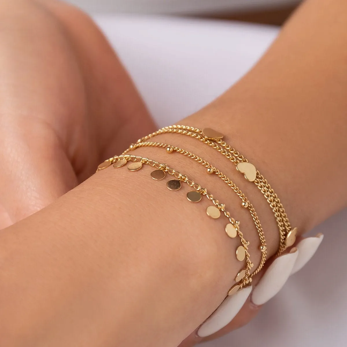 Dainty Sequin Heart Charm Stackable Bracelet Set