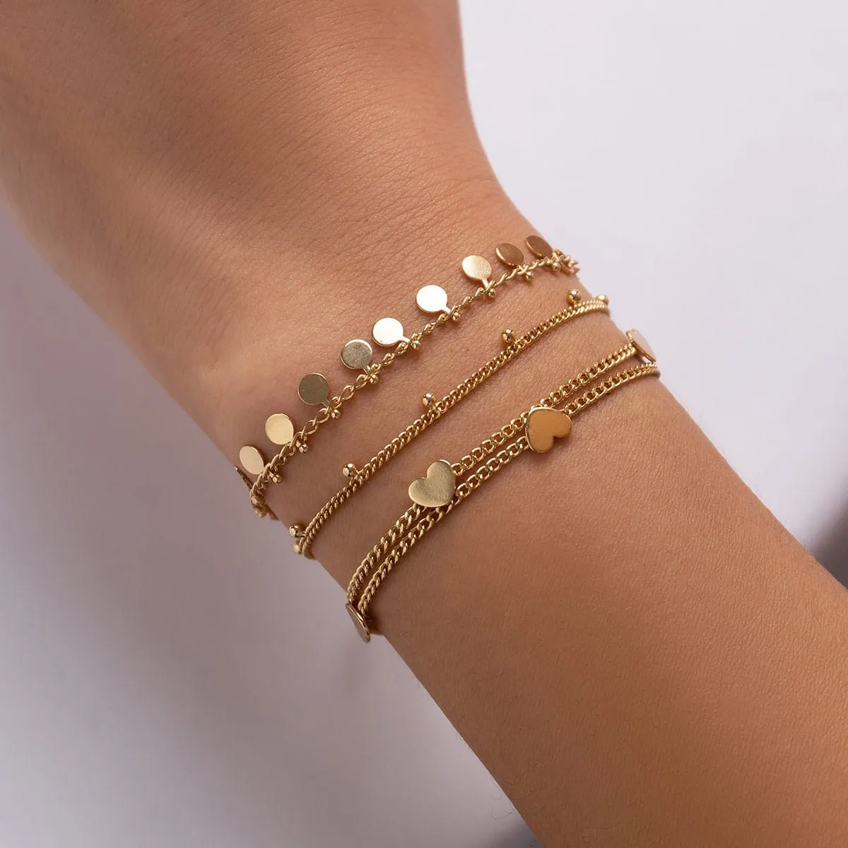 Dainty Sequin Heart Charm Stackable Bracelet Set