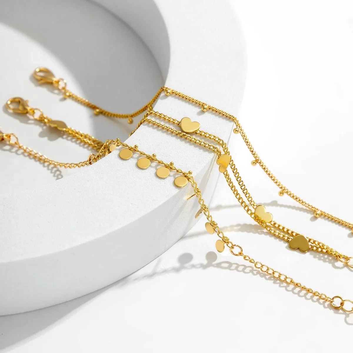 Dainty Sequin Heart Charm Stackable Bracelet Set