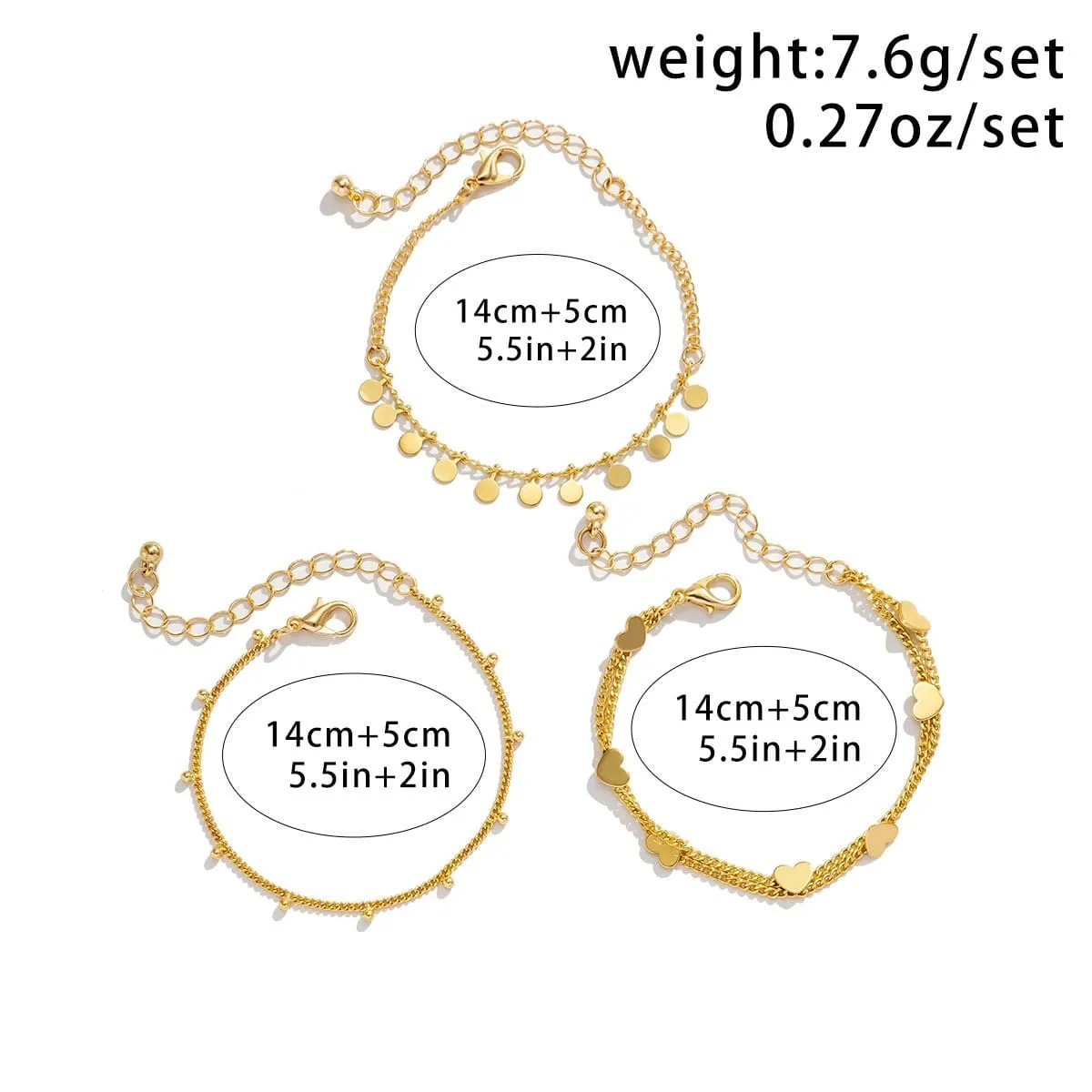 Dainty Sequin Heart Charm Stackable Bracelet Set