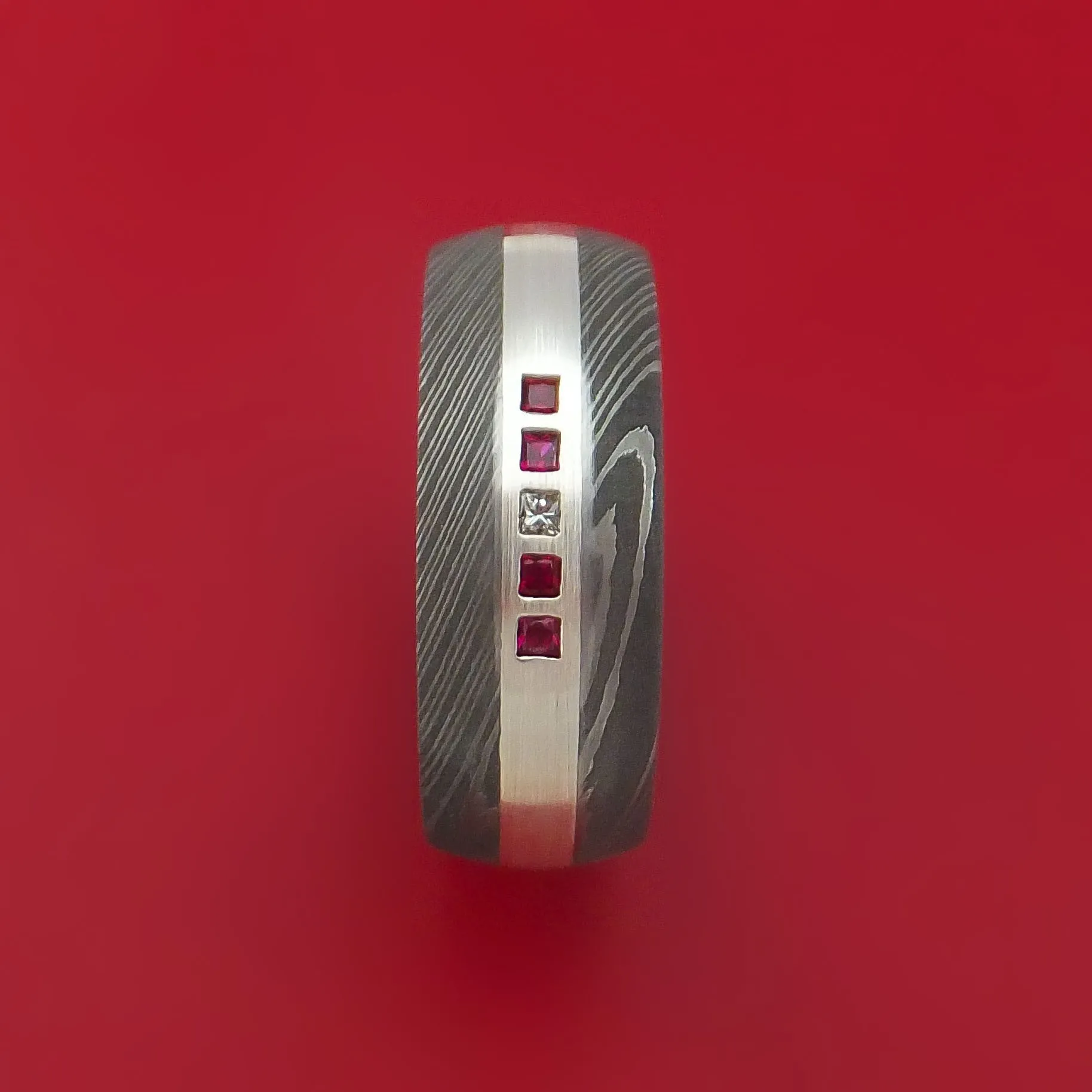 Damascus Steel Band with 4 Rubies and Diamond Set into a Silver Inlay Custom Made Ring