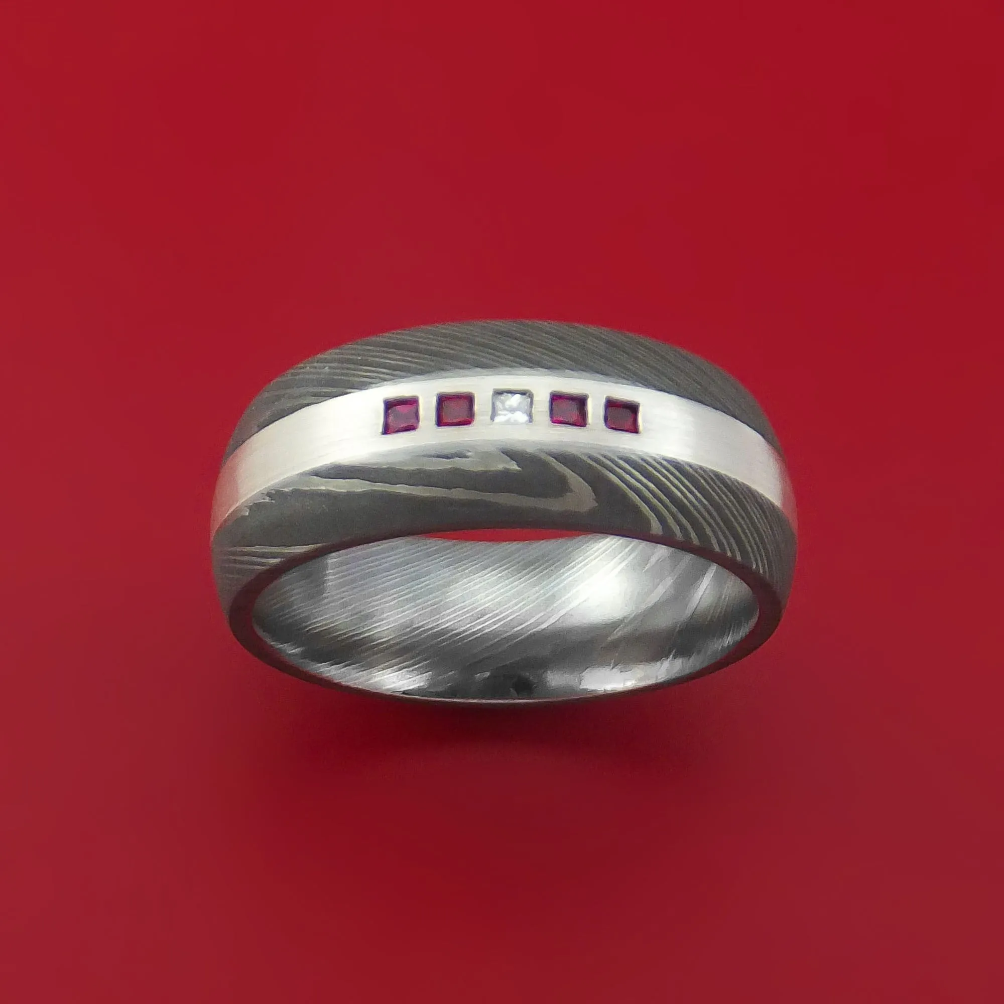 Damascus Steel Band with 4 Rubies and Diamond Set into a Silver Inlay Custom Made Ring