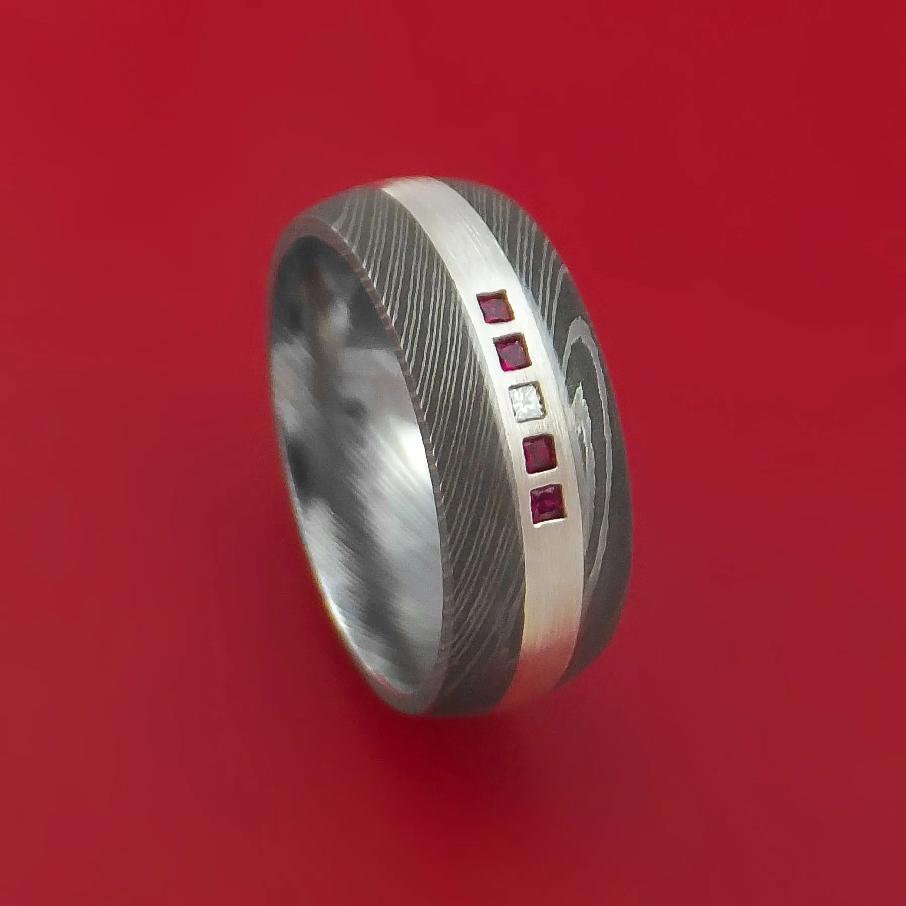 Damascus Steel Band with 4 Rubies and Diamond Set into a Silver Inlay Custom Made Ring
