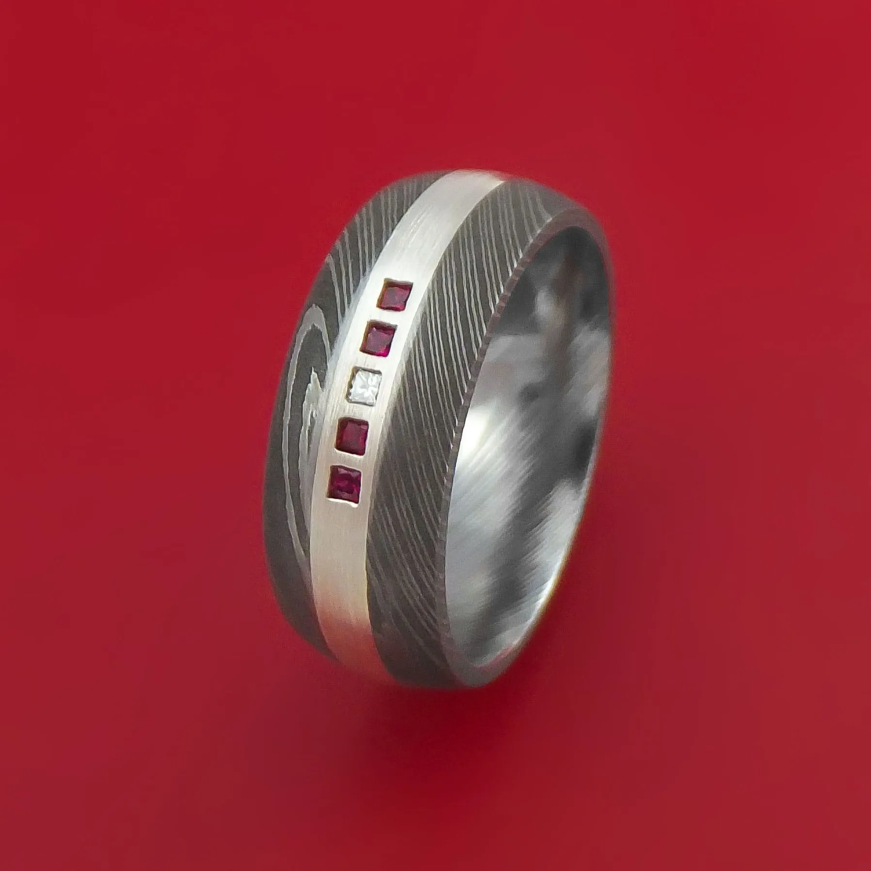 Damascus Steel Band with 4 Rubies and Diamond Set into a Silver Inlay Custom Made Ring