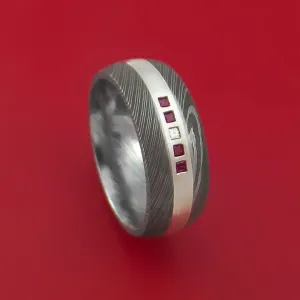 Damascus Steel Band with 4 Rubies and Diamond Set into a Silver Inlay Custom Made Ring