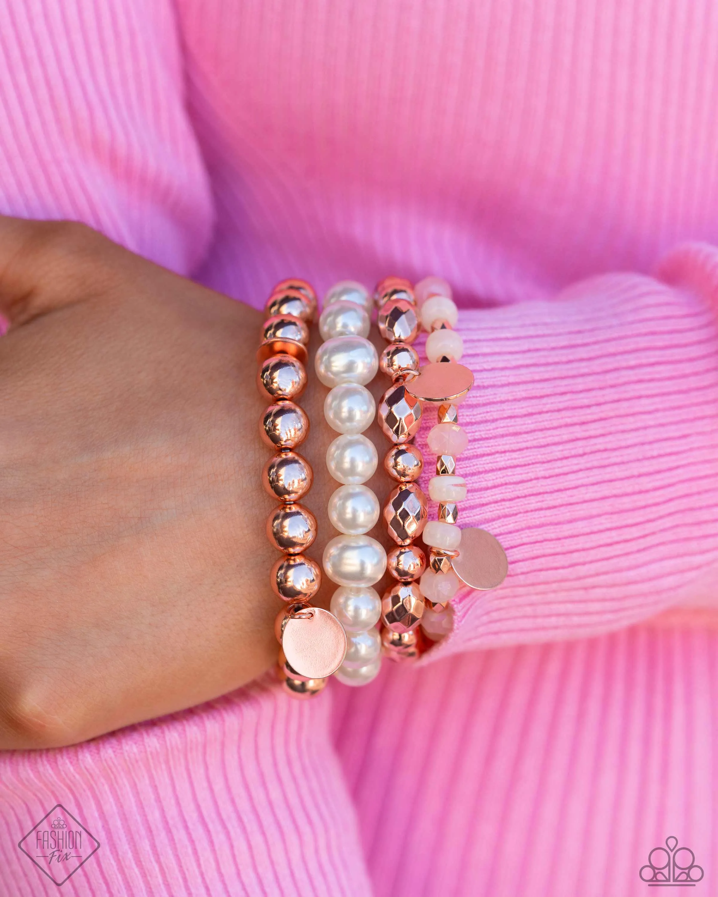 Dawn Demonstration - Copper - Ivory, and Peach Bead with White Pearl Paparazzi Stretchy Bracelet - May 2024 Glimpses of Malibu