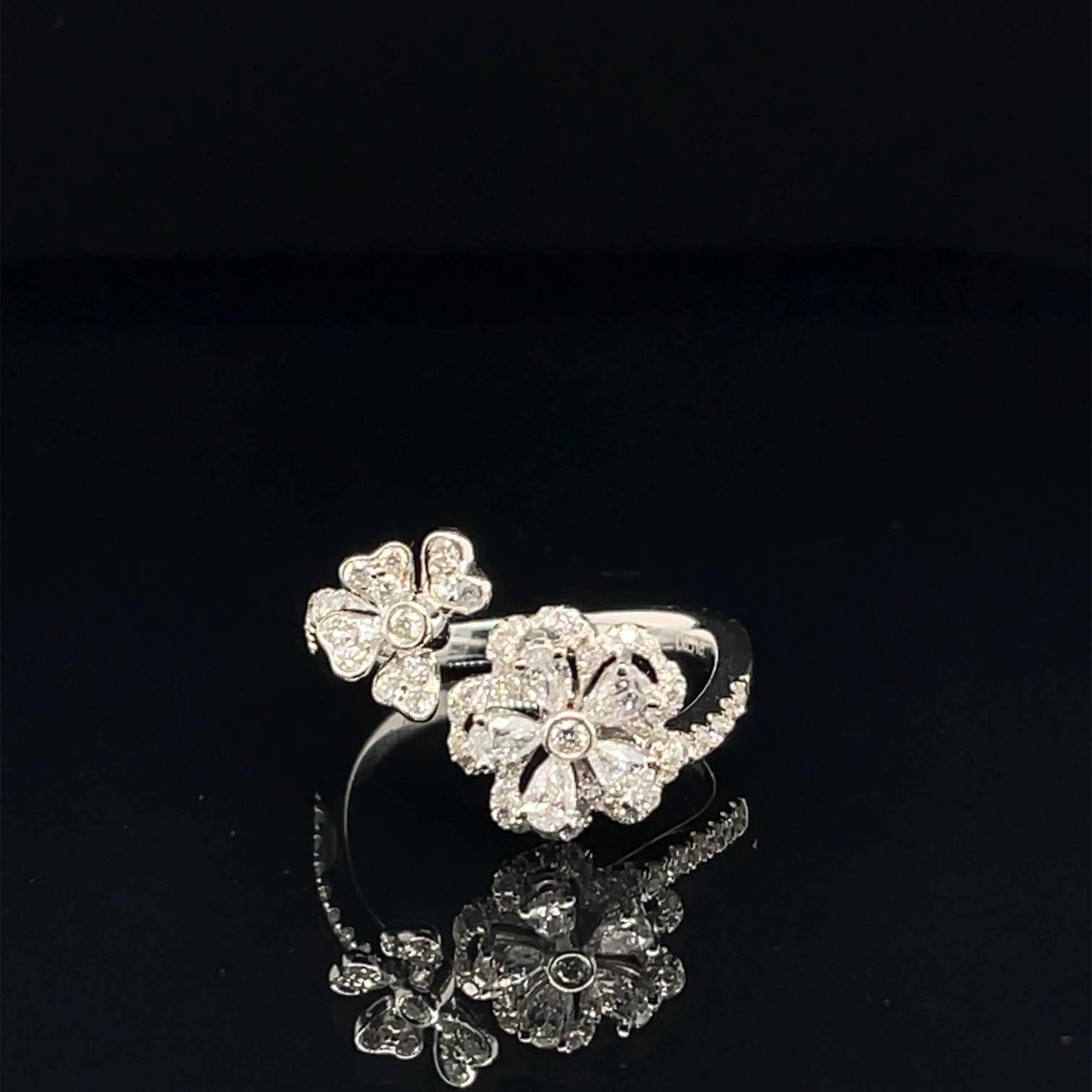 Diamond Double Flower Open Cuff Ring in 18k White Gold - (#93-RGDIA 470420)