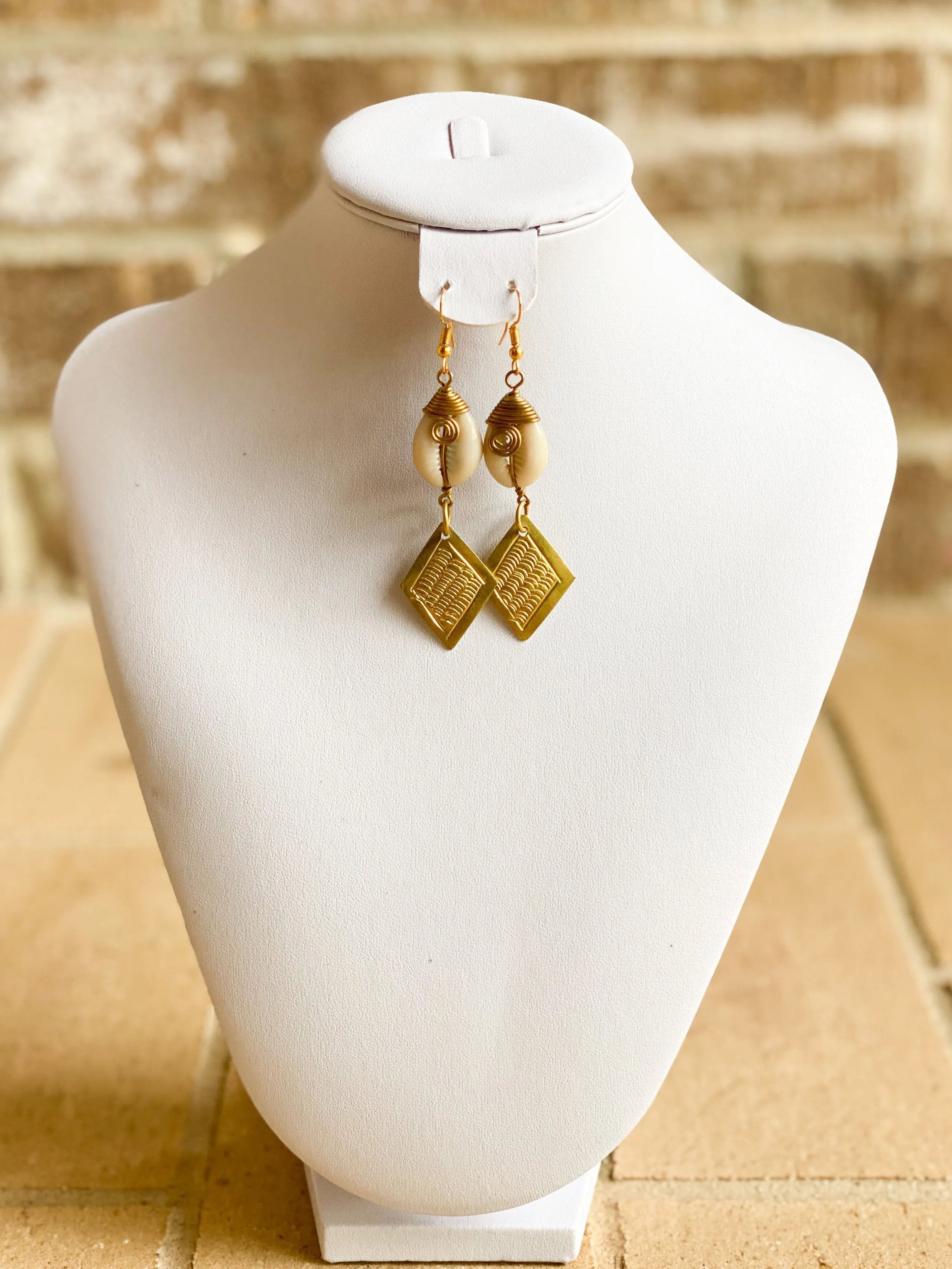 Diamond Shaped Brass & Cowrie Earrings