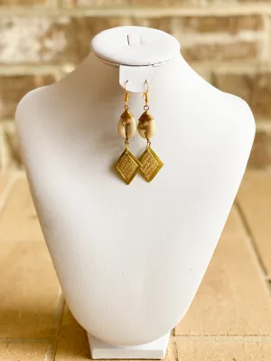 Diamond Shaped Brass & Cowrie Earrings