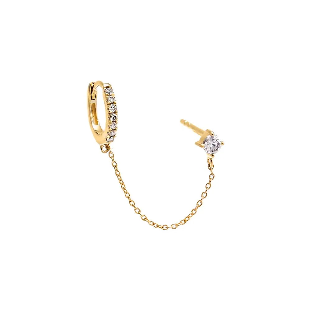 Diamond Solitaire Chain X Huggie Earring 14K