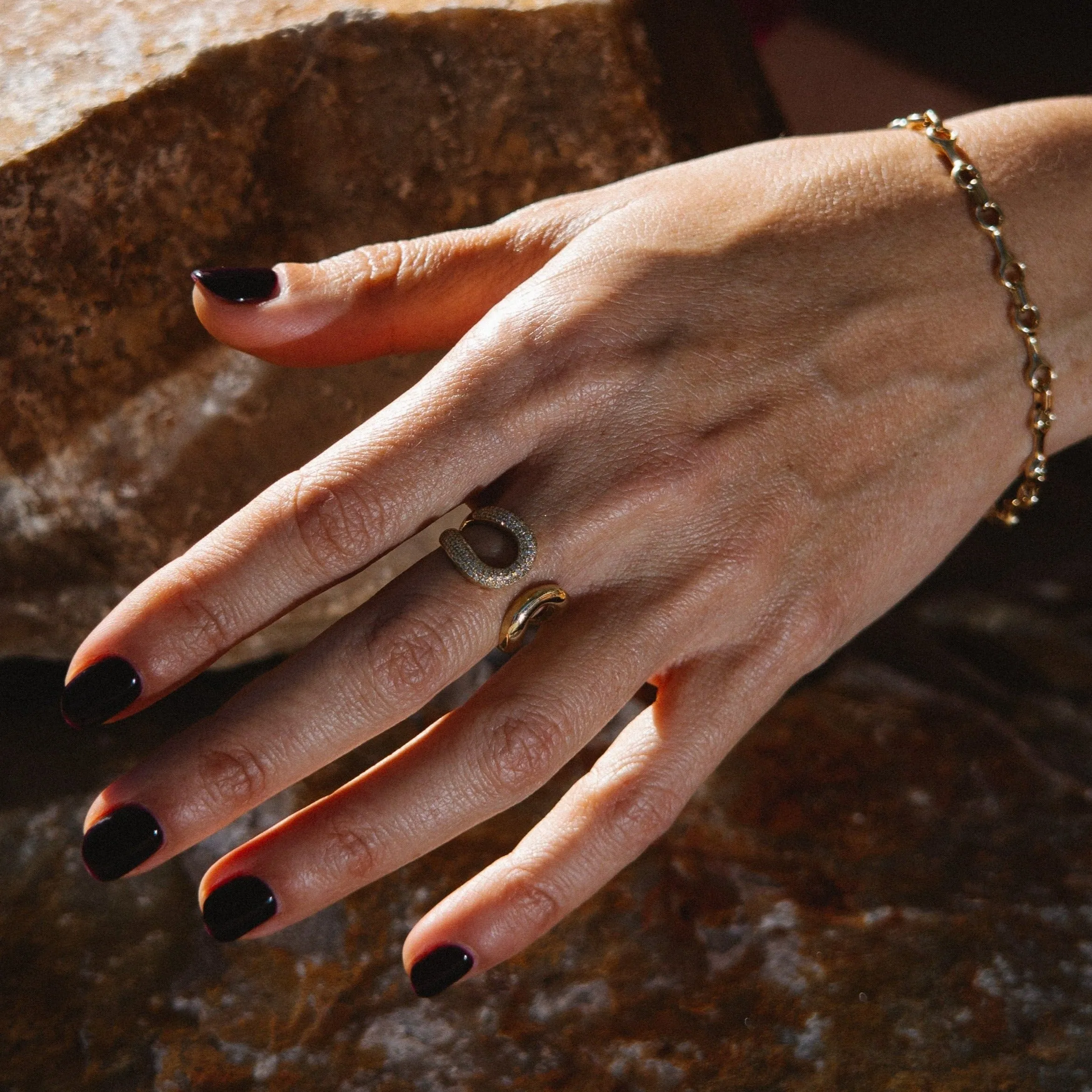 Double Beam Ring with One Side White Pavé Diamonds
