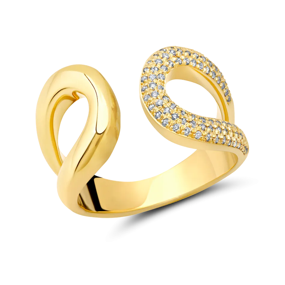 Double Beam Ring with One Side White Pavé Diamonds