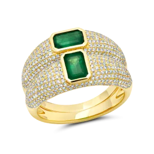 Double Thin Balloon Ring with Emeralds and White Pavé Diamonds
