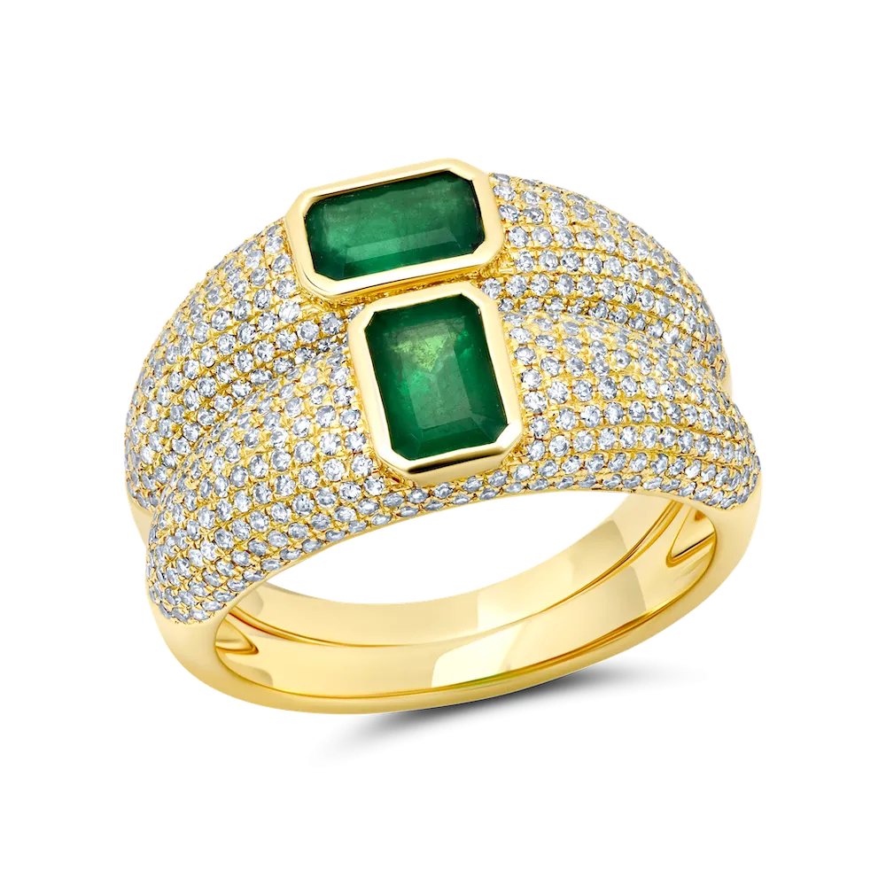 Double Thin Balloon Ring with Emeralds and White Pavé Diamonds