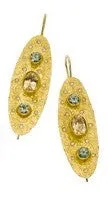 earrings / gold hammered 22k   Demantoid Garnets   Topaz   Diamonds