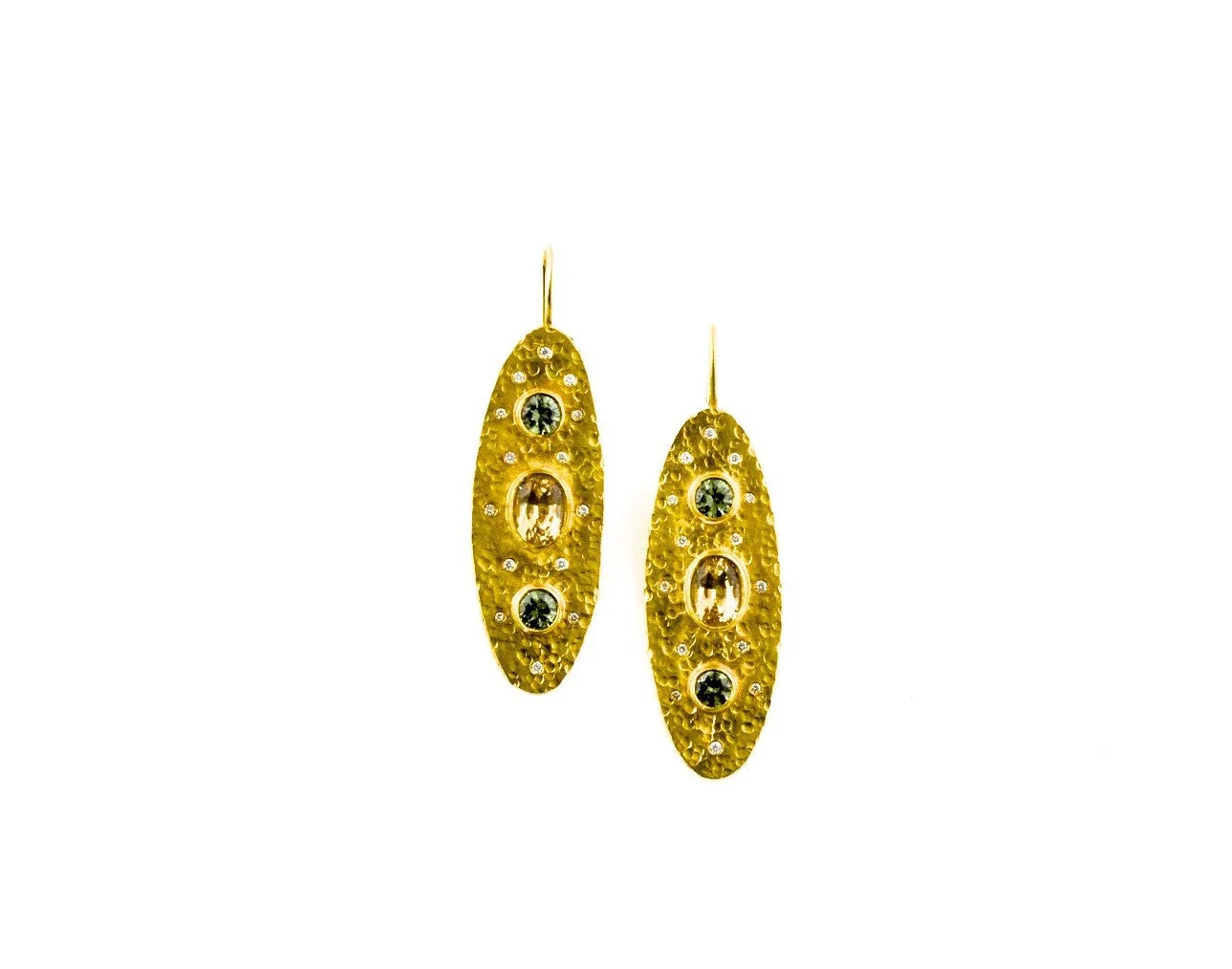 earrings / gold hammered 22k   Demantoid Garnets   Topaz   Diamonds