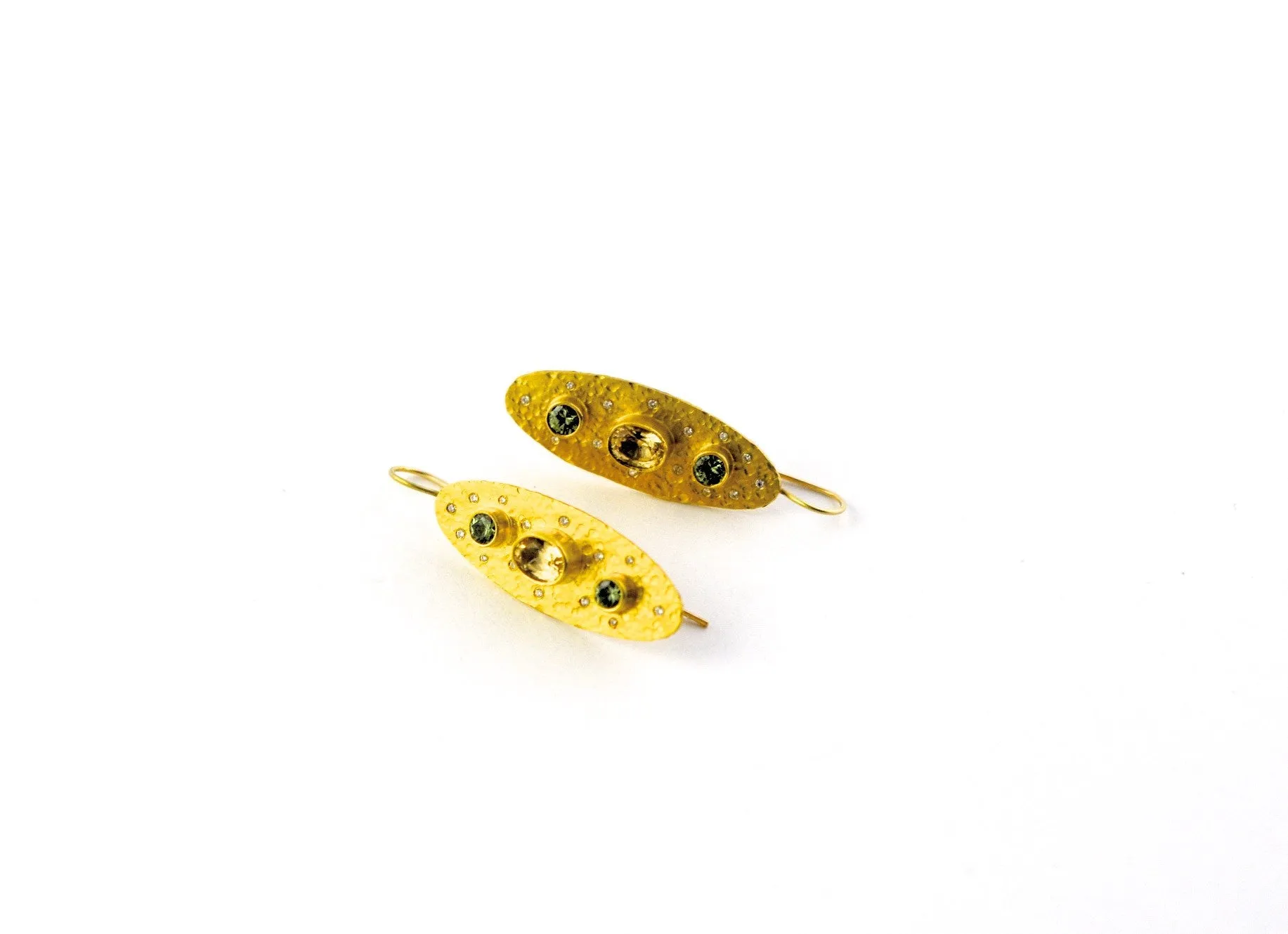 earrings / gold hammered 22k   Demantoid Garnets   Topaz   Diamonds