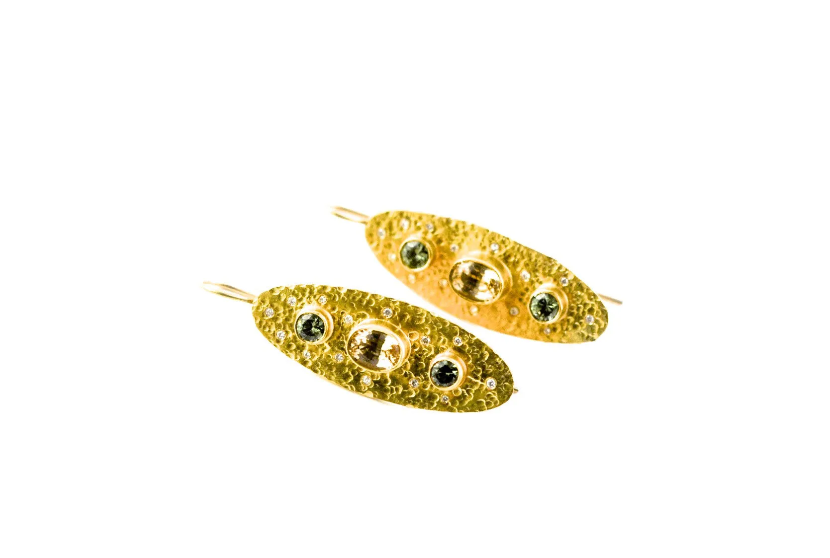 earrings / gold hammered 22k   Demantoid Garnets   Topaz   Diamonds