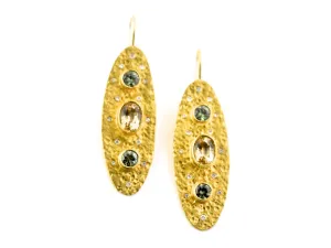 earrings / gold hammered 22k   Demantoid Garnets   Topaz   Diamonds