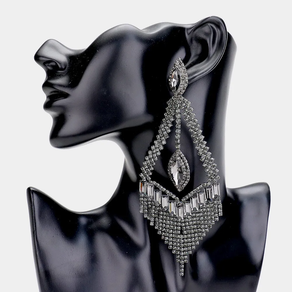 Elegant Long Black Diamond Crystal Statement Pageant Earrings  | 454057