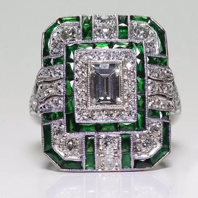 Elegant luxury retro ethnic style four-color square ring slightly inlaid with artificial zircon jewelry