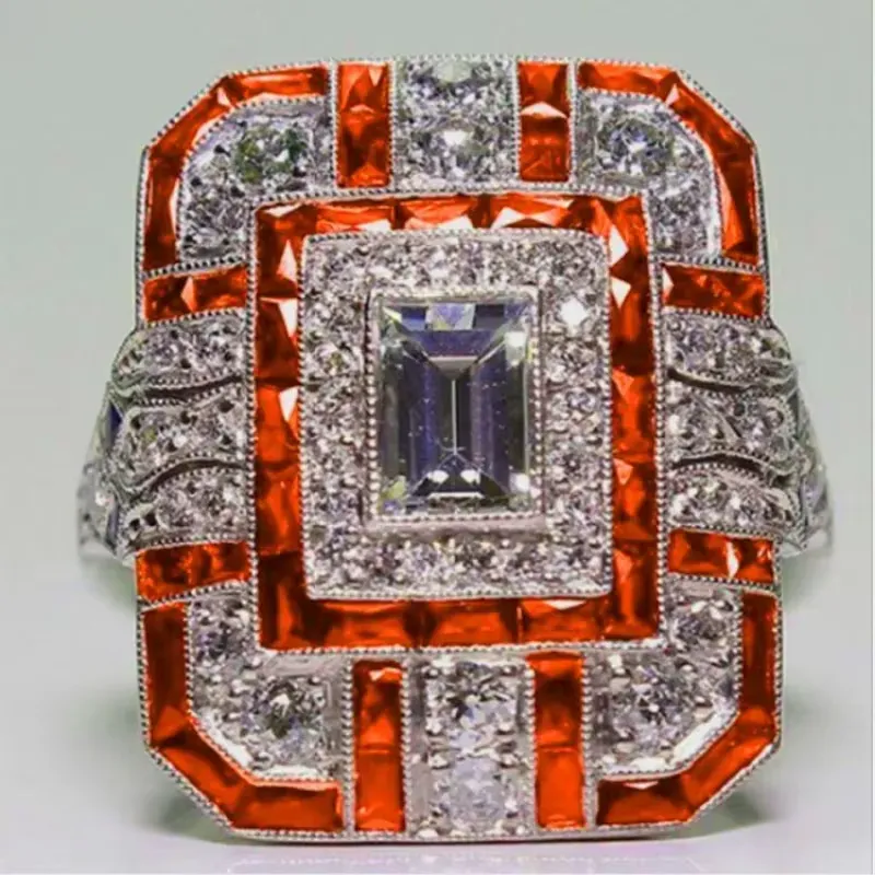 Elegant luxury retro ethnic style four-color square ring slightly inlaid with artificial zircon jewelry