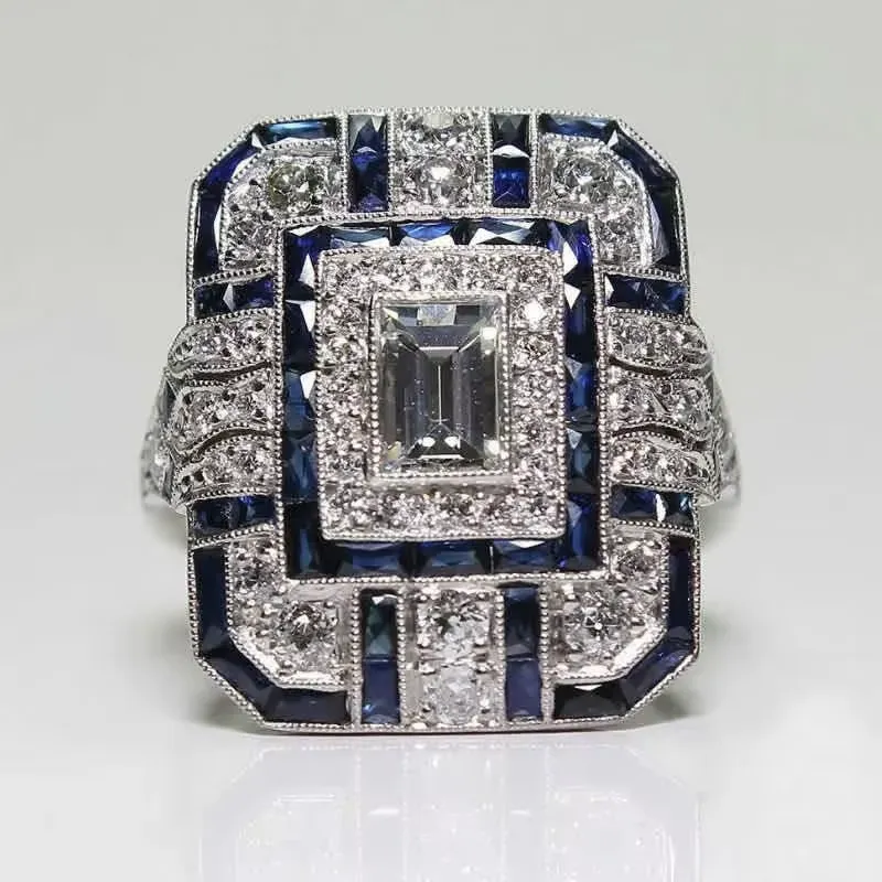 Elegant luxury retro ethnic style four-color square ring slightly inlaid with artificial zircon jewelry