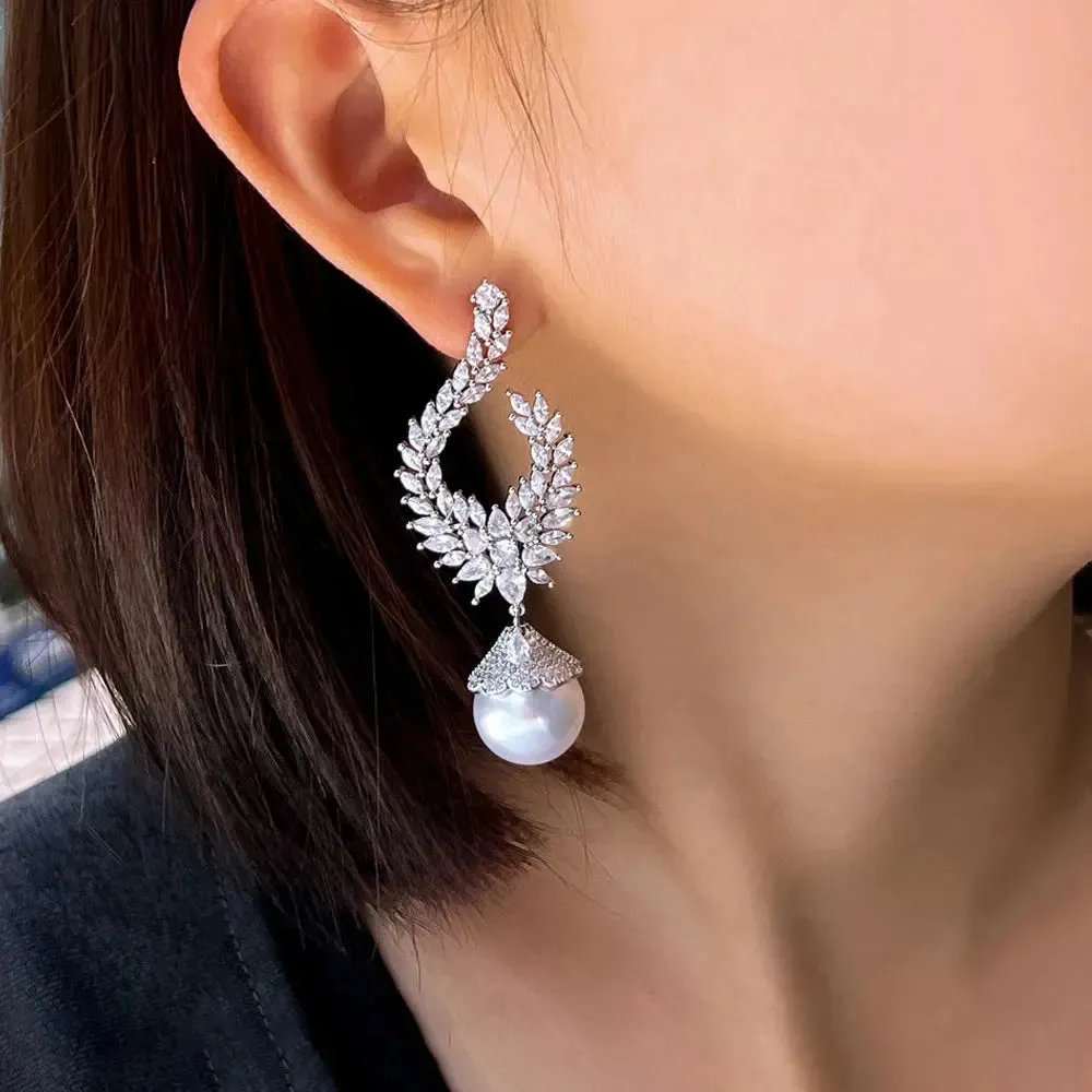 Elegant Shiny Cubic Zirconia Big Simulated Pearl Long Statement Bridal Earrings Women Wedding Party Jewelry