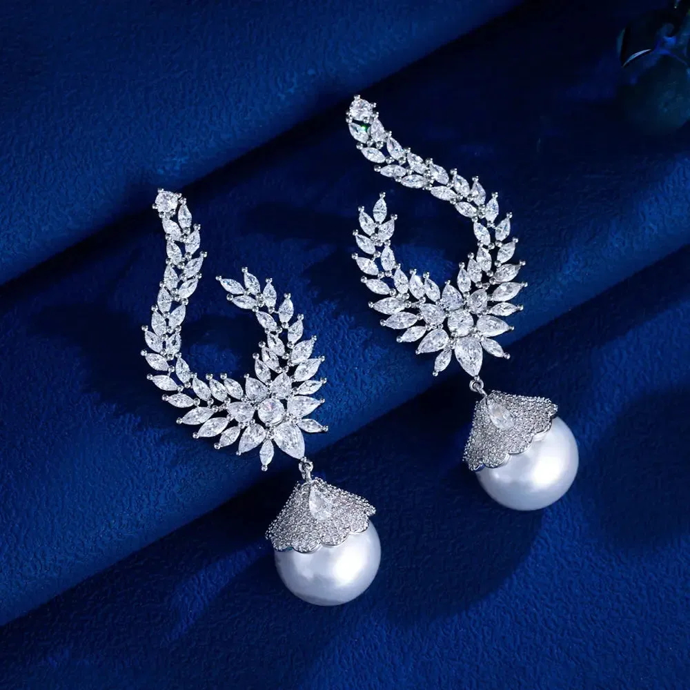 Elegant Shiny Cubic Zirconia Big Simulated Pearl Long Statement Bridal Earrings Women Wedding Party Jewelry